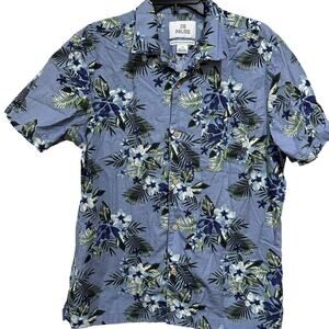 28 Palms Hawaiian Shirt Men L Blue Floral Tropical Aloha Beach Camp Shirt Cotton